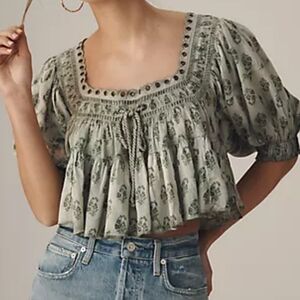 Pilcro By Anthropologie Short Sleeve Crop Babydoll Blouse NEW Green White Boho